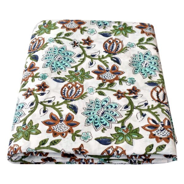 White Floral Hand Block Printed Cotton Sewing Fabric | Wholesale Fabric in Teal, Maroon & Blue Pattern - Image 3