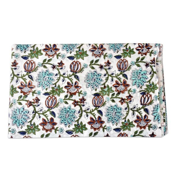 White Floral Hand Block Printed Cotton Sewing Fabric | Wholesale Fabric in Teal, Maroon & Blue Pattern - Image 4