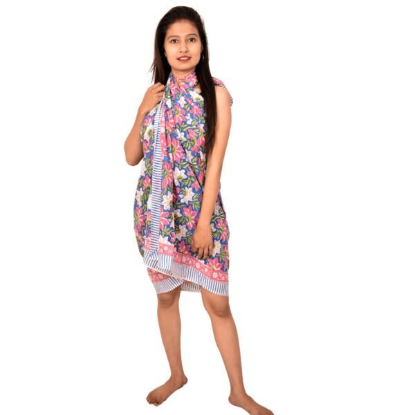 Handcrafted Tropical Lily Print Sarong | Pink and Blue Hand Block Printed Beach Scarf with Striped Border - Image 4