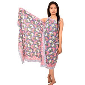 Handcrafted Tropical Lily Print Sarong | Pink and Blue Hand Block Printed Beach Scarf with Striped Border