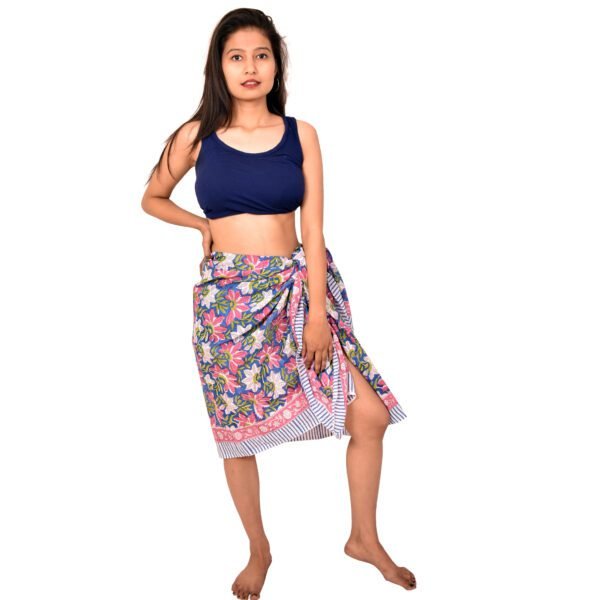 Handcrafted Tropical Lily Print Sarong | Pink and Blue Hand Block Printed Beach Scarf with Striped Border - Image 3