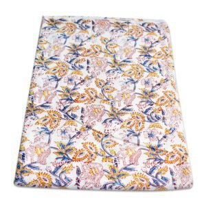 Floral Hand Block Printed Cotton Fabric | Wholesale White Base Fabric with Blue & Yellow Print
