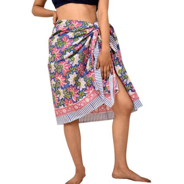 Handcrafted Tropical Lily Print Sarong | Pink and Blue Hand Block Printed Beach Scarf with Striped Border - Image 2