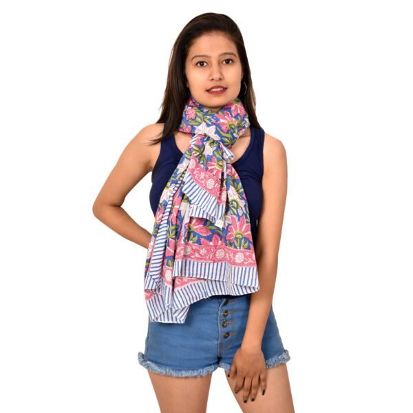 Handcrafted Tropical Lily Print Sarong | Pink and Blue Hand Block Printed Beach Scarf with Striped Border - Image 5
