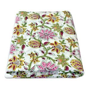 Elegant White Cotton Fabric with Hand Block Floral Prints | Pink & Yellow Bloom Design for Sewing & Crafting