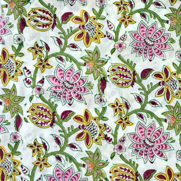 Elegant White Cotton Fabric with Hand Block Floral Prints | Pink & Yellow Bloom Design for Sewing & Crafting - Image 2