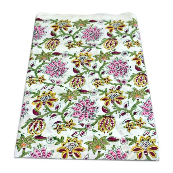 Elegant White Cotton Fabric with Hand Block Floral Prints | Pink & Yellow Bloom Design for Sewing & Crafting - Image 3