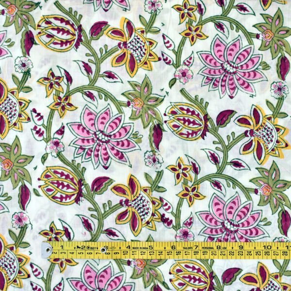 Elegant White Cotton Fabric with Hand Block Floral Prints | Pink & Yellow Bloom Design for Sewing & Crafting - Image 4