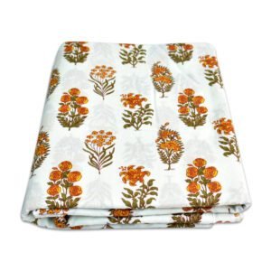Orange Botanical Block Print Cotton Fabric | Wholesale White Base Mughal Printed Fabric