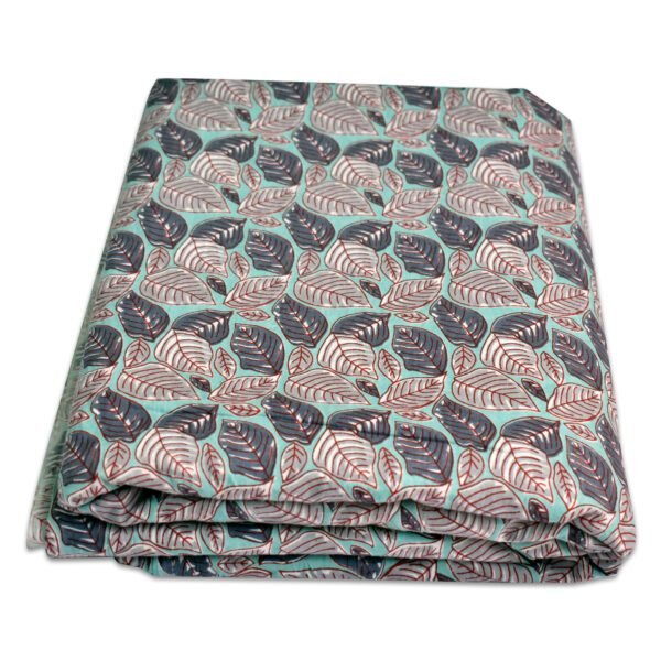 Turquoise Leaf Block Print Cotton Fabric | Wholesale Hand-Printed Fabric - Image 2