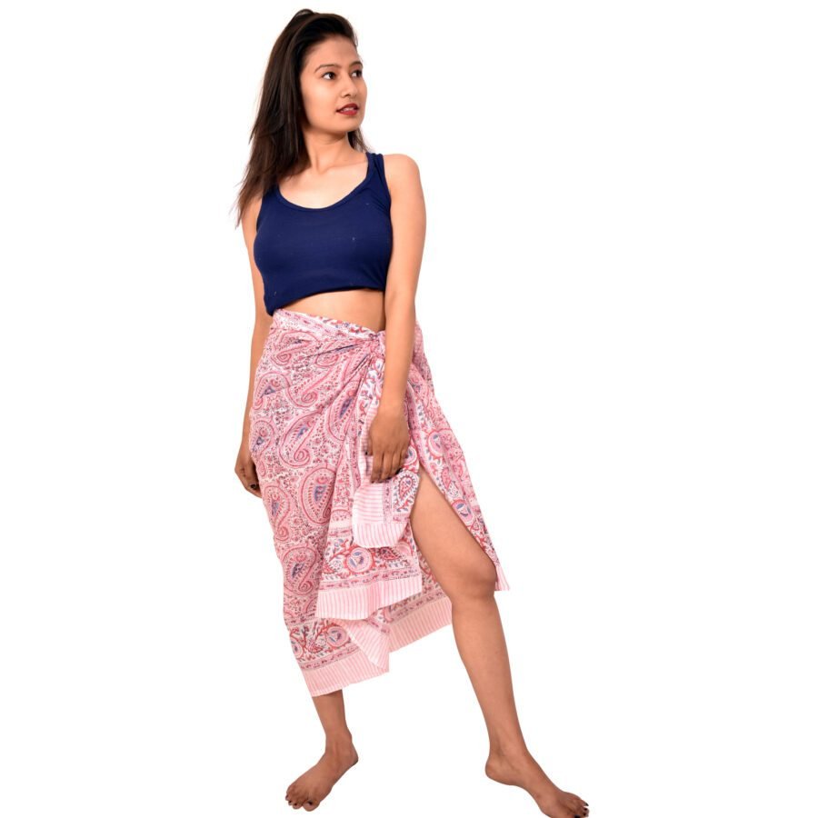 Traditional Block Printed Sarong | Pink Paisley Paradise Beach Scarf - Image 4