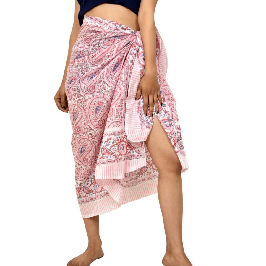 Traditional Block Printed Sarong | Pink Paisley Paradise Beach Scarf - Image 3