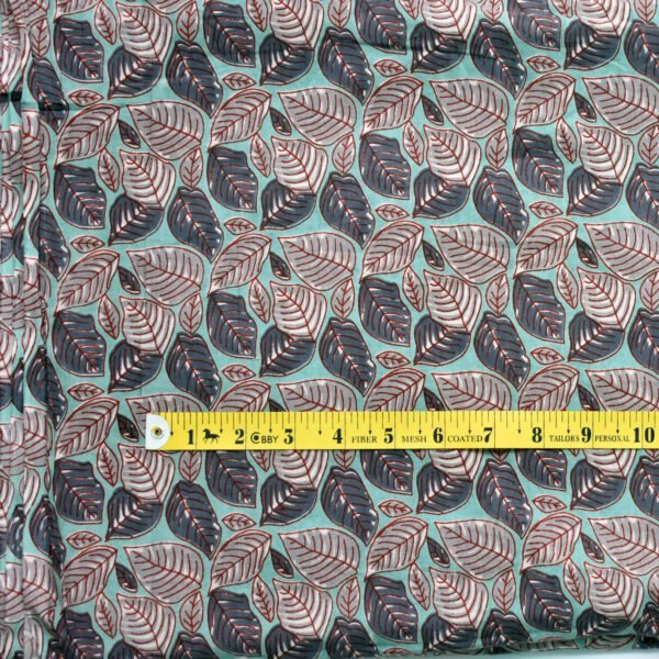 Turquoise Leaf Block Print Cotton Fabric | Wholesale Hand-Printed Fabric - Image 4