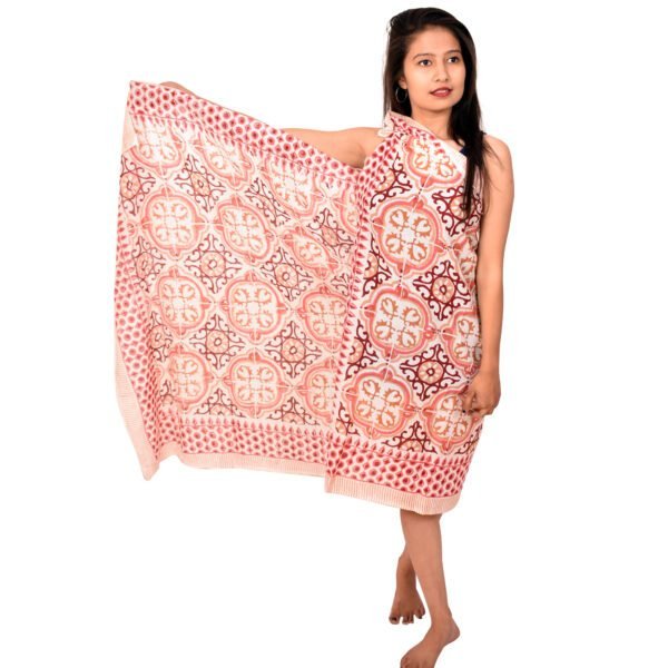 Block Printed Mediterranean Tile Sarong | Coral Pink Beach Scarf Cover-up