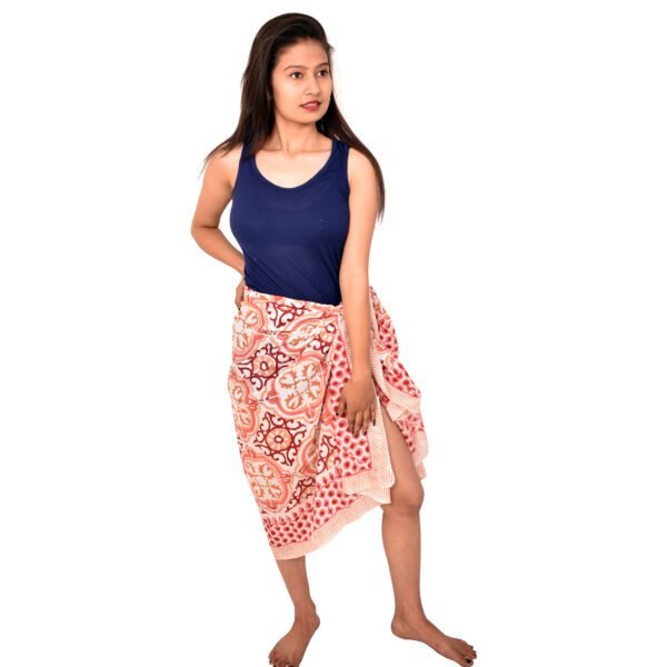 Block Printed Mediterranean Tile Sarong | Coral Pink Beach Scarf Cover-up - Image 4