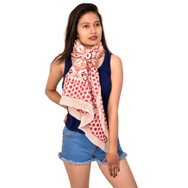 Block Printed Mediterranean Tile Sarong | Coral Pink Beach Scarf Cover-up - Image 3
