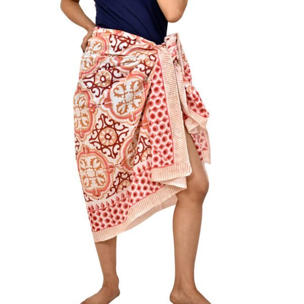 Block Printed Mediterranean Tile Sarong | Coral Pink Beach Scarf Cover-up - Image 2
