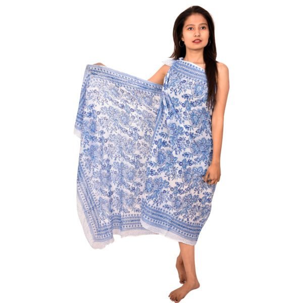 Delft Floral Hand Block Printed Sarong | Blue White Beach Cover Scarf