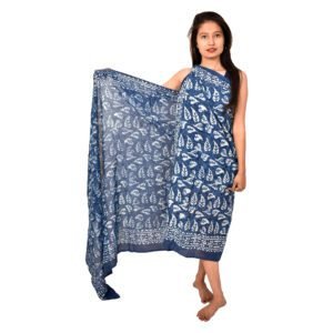 Mediterranean Leaf Block Print Sarong | Indigo Blue Resort Wrap Scarf