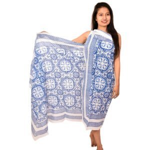 Portuguese Tile Block Print Sarong | Blue White Beach Cover Up Wrap