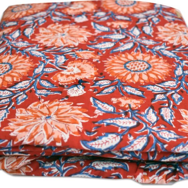 Vibrant Orange Sunflower Block Printed Cotton Fabric | Wholesale Floral Pattern Fabric - Image 2
