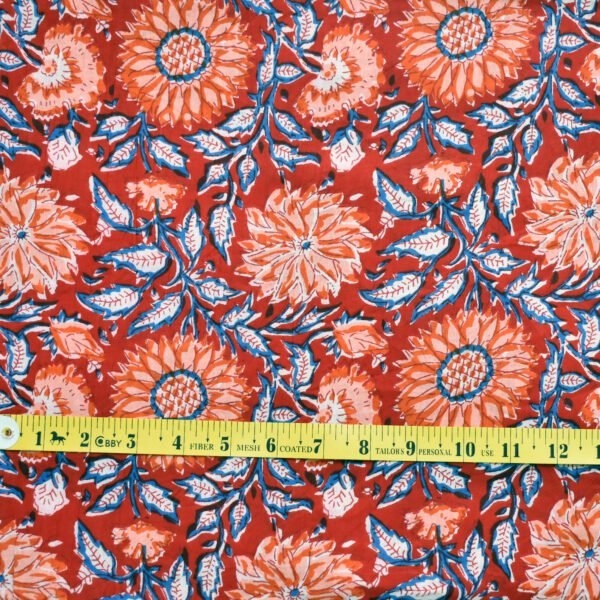 Vibrant Orange Sunflower Block Printed Cotton Fabric | Wholesale Floral Pattern Fabric - Image 3