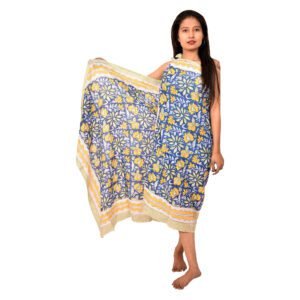 Sunlit Blooms Hand Block Print Sarong | Vibrant Blue & Yellow Resort Wrap & Scarf