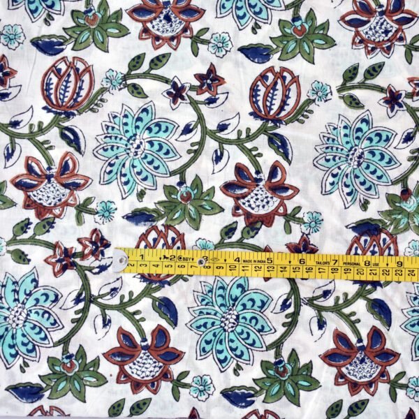 White Floral Hand Block Printed Cotton Sewing Fabric | Wholesale Fabric in Teal, Maroon & Blue Pattern - Image 2