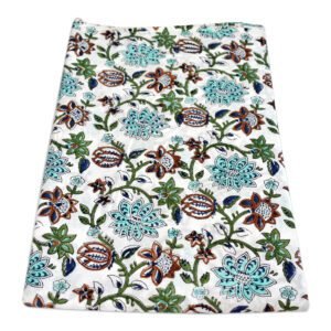 White Floral Hand Block Printed Cotton Sewing Fabric | Wholesale Fabric in Teal, Maroon & Blue Pattern