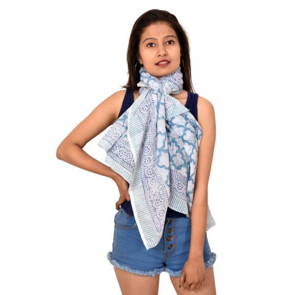 Hand Block Printed Moroccan Lattice Cotton Sarong | Sky Blue and White Scarf - Image 5