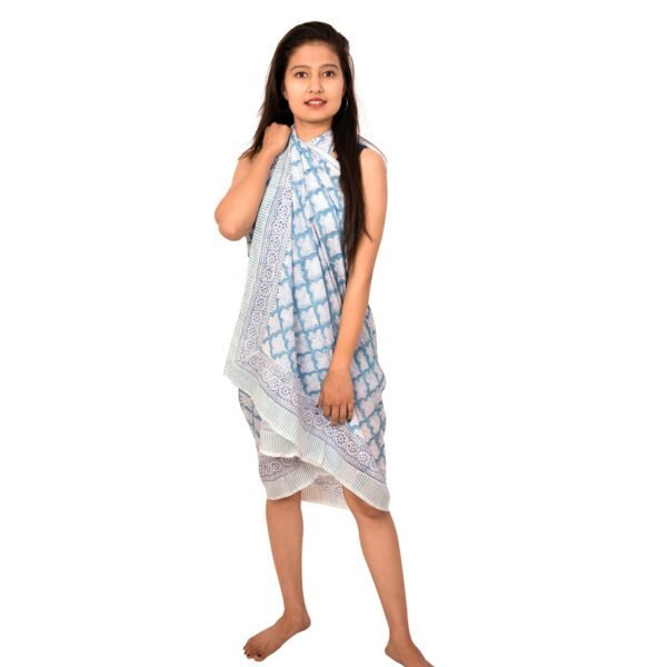 Hand Block Printed Moroccan Lattice Cotton Sarong | Sky Blue and White Scarf - Image 4