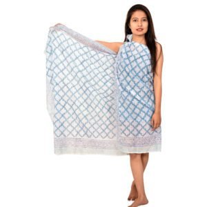 Hand Block Printed Moroccan Lattice Cotton Sarong | Sky Blue and White Scarf