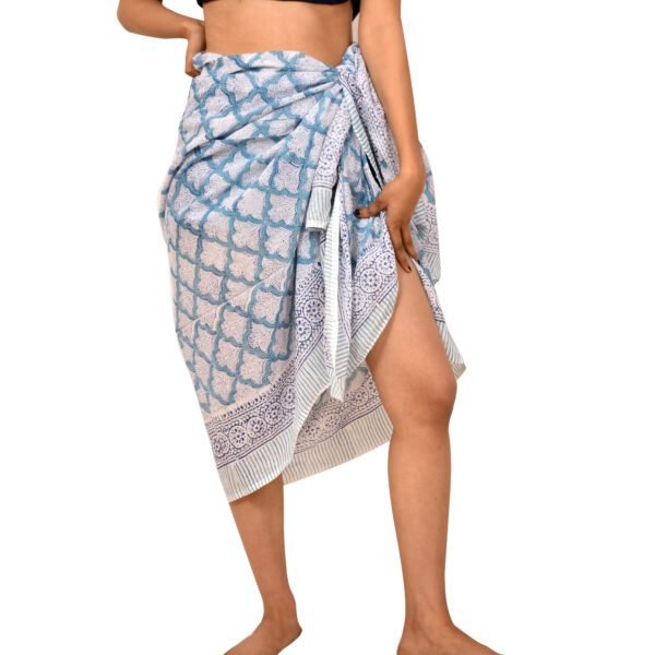 Hand Block Printed Moroccan Lattice Cotton Sarong | Sky Blue and White Scarf - Image 2