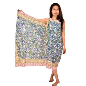 Handcrafted Floral Block Print Sarong | Multi-Colour Beach Scarf with Chevron Border