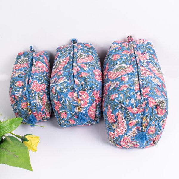 Blue Floral Block Print Makeup Bag Set | Wholesale Hand Printed Cosmetic Pouches | Waterproof Travel Organisers - Image 2
