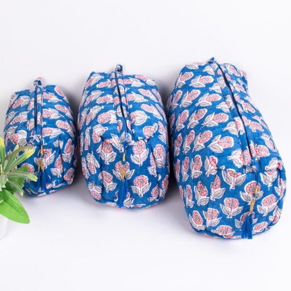 Blue Lotus Block Print Makeup Bag Set | Wholesale Indian Floral Cosmetic Pouches | Travel Organisers - Image 2