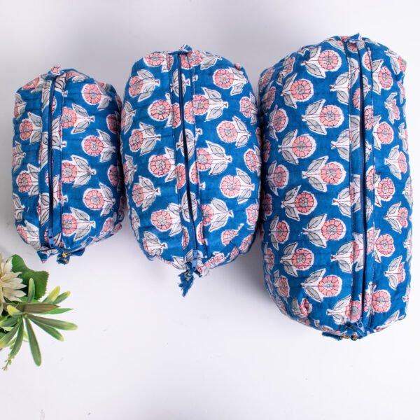 Blue Lotus Block Print Makeup Bag Set | Wholesale Indian Floral Cosmetic Pouches | Travel Organisers - Image 3