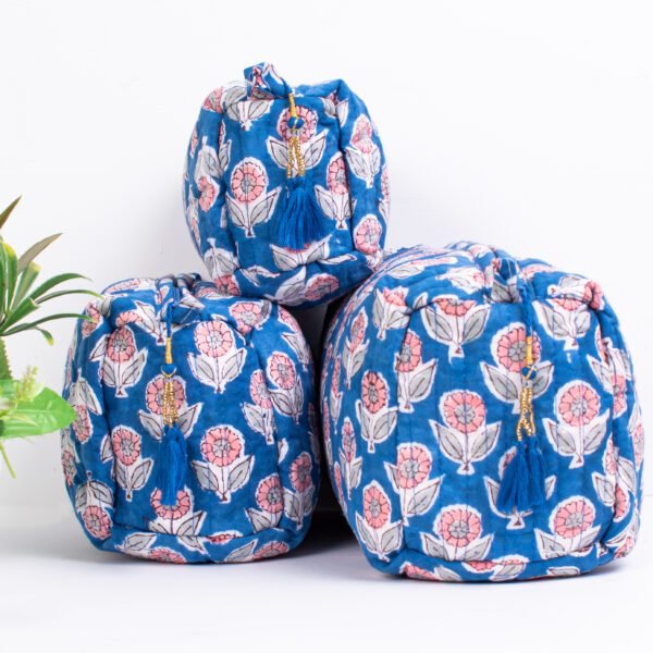 Blue Lotus Block Print Makeup Bag Set | Wholesale Indian Floral Cosmetic Pouches | Travel Organisers - Image 4