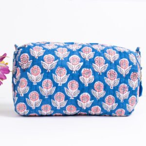 Blue Lotus Block Print Makeup Bag Set | Wholesale Indian Floral Cosmetic Pouches | Travel Organisers