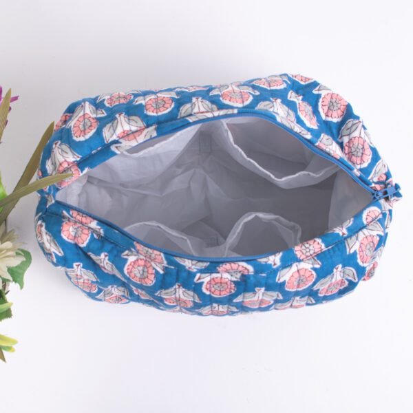 Blue Lotus Block Print Makeup Bag Set | Wholesale Indian Floral Cosmetic Pouches | Travel Organisers - Image 5