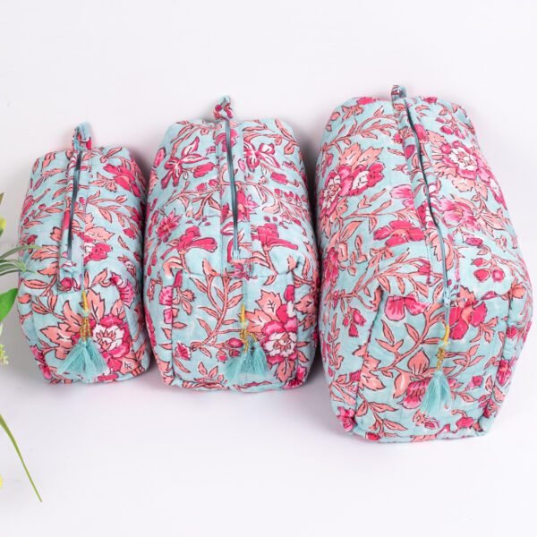 Mint Rose Cosmetic Pouches | Luxury Block Printed Makeup Bag Set | Wholesale Beauty Organisers - Image 2