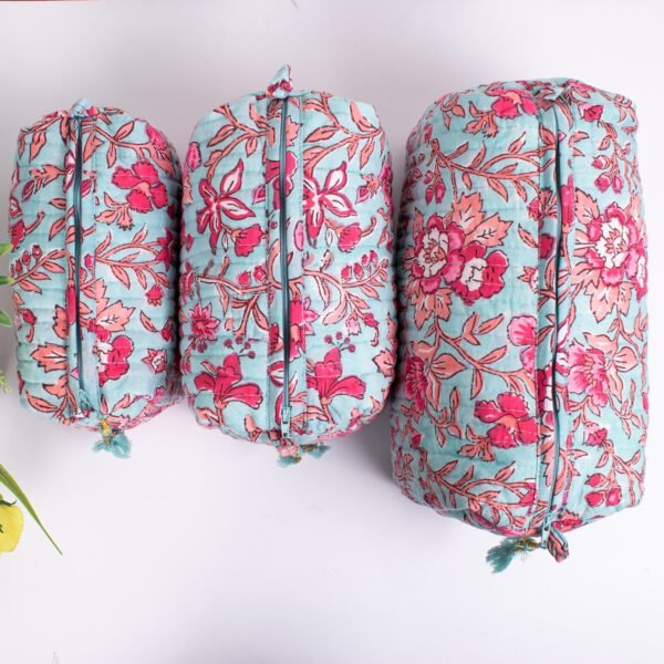 Mint Rose Cosmetic Pouches | Luxury Block Printed Makeup Bag Set | Wholesale Beauty Organisers - Image 3