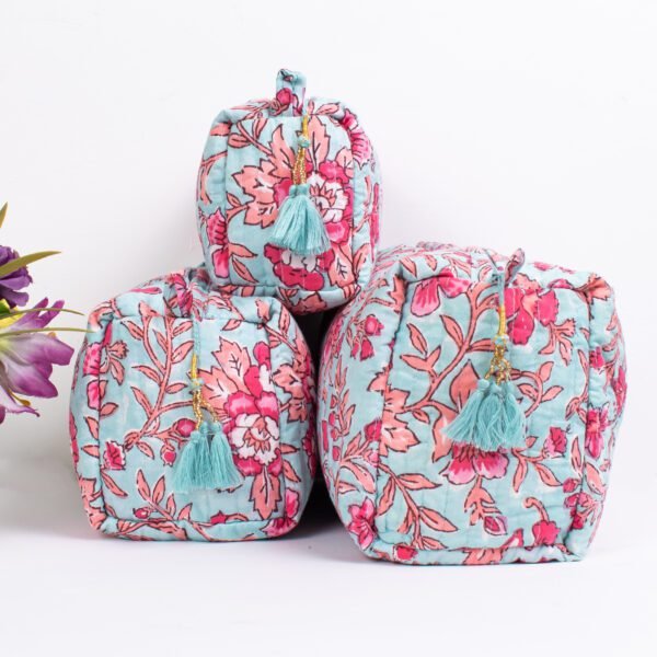 Mint Rose Cosmetic Pouches | Luxury Block Printed Makeup Bag Set | Wholesale Beauty Organisers - Image 4