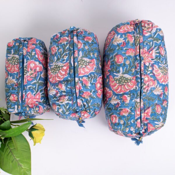 Blue Floral Block Print Makeup Bag Set | Wholesale Hand Printed Cosmetic Pouches | Waterproof Travel Organisers - Image 3