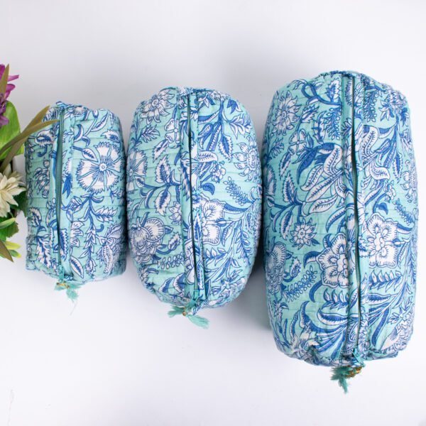Coastal Bloom Luxury Block Print Makeup Bags | Aqua Blue Travel Organisers | Water-Resistant Cosmetic Pouches - Image 2