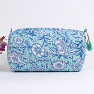 Coastal Bloom Luxury Block Print Makeup Bags | Aqua Blue Travel Organisers | Water-Resistant Cosmetic Pouches