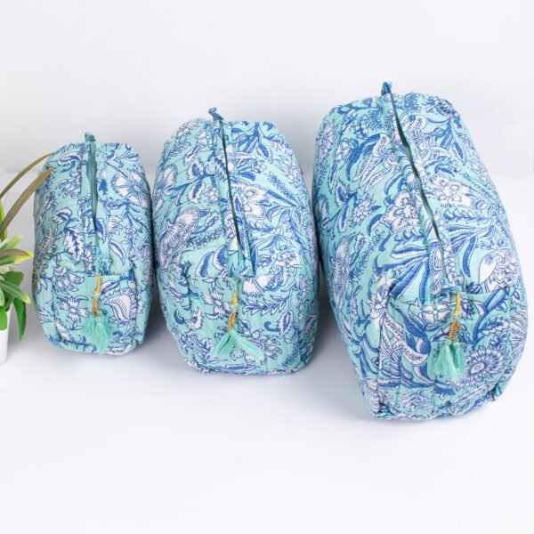 Coastal Bloom Luxury Block Print Makeup Bags | Aqua Blue Travel Organisers | Water-Resistant Cosmetic Pouches - Image 3
