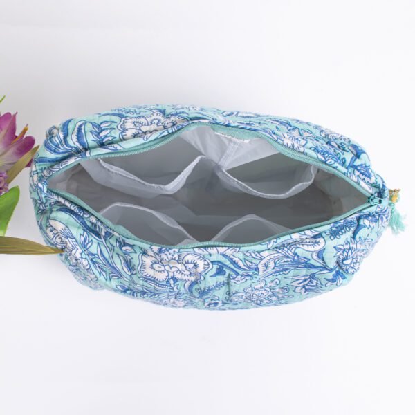 Coastal Bloom Luxury Block Print Makeup Bags | Aqua Blue Travel Organisers | Water-Resistant Cosmetic Pouches - Image 5