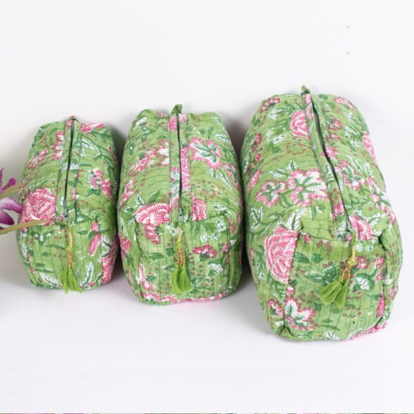 Lime Floral Makeup Bag Set | Wholesale Block Printed Pouches | Premium Cosmetic Organisers - Image 2