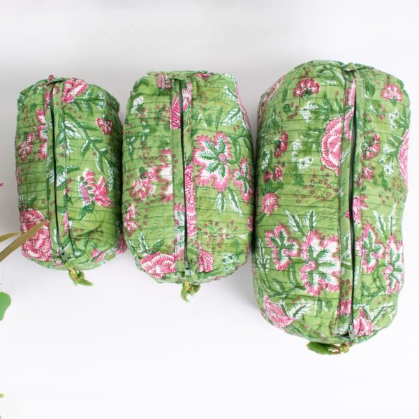 Lime Floral Makeup Bag Set | Wholesale Block Printed Pouches | Premium Cosmetic Organisers - Image 3